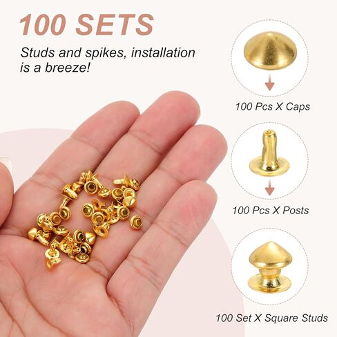 PATIKIL 9mm Spike Rivets, 100 Sets Square Studs Rivet Rapid Punk Spikes Leathercraft Decoration for Rock Nailheads Clothing Belts Bags Shoes, Gold Tone in Kuwait
