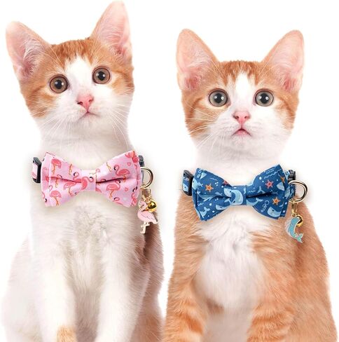 2 Pack Cotton Cat Collar with Bow Tie and Bell for Girl Boy Cats,Cute Pink Flamingo and Blue Whale Pattern Spring Summer Breakaway Cat Collar for Male Female Cats (Flamingo&Whale) in Saudi Arabia