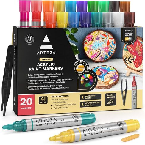 ARTEZA Acrylic Paint Markers, Set of 40 Acrylic Paint Pens in Assorted Colors, Art & Craft Supplies for Glass, Pottery, Ceramic, Plastic, Rock, and Canvas Painting in Kuwait