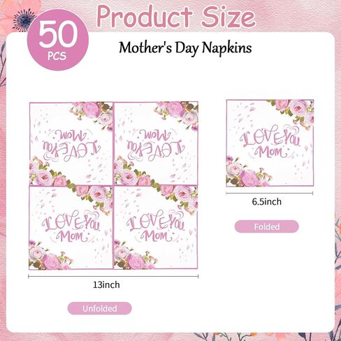 50PCS Happy Mother's Day Napkins Party Supplies, Disposable Floral Love You Mom Paper Luncheon Cocktail Napkins Tableware for Mothers Day Birthday Party Favors in Saudi Arabia