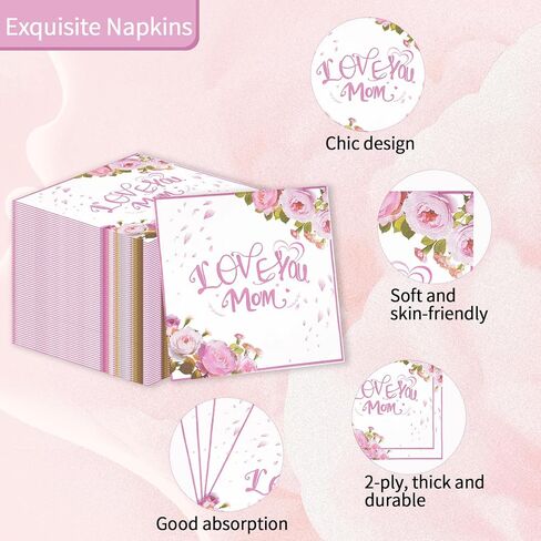 50PCS Happy Mother's Day Napkins Party Supplies, Disposable Floral Love You Mom Paper Luncheon Cocktail Napkins Tableware for Mothers Day Birthday Party Favors in Saudi Arabia