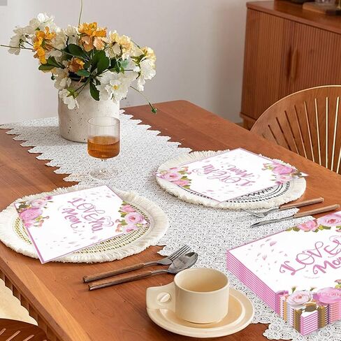 50PCS Happy Mother's Day Napkins Party Supplies, Disposable Floral Love You Mom Paper Luncheon Cocktail Napkins Tableware for Mothers Day Birthday Party Favors in Saudi Arabia
