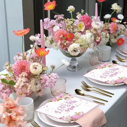 50PCS Happy Mother's Day Napkins Party Supplies, Disposable Floral Love You Mom Paper Luncheon Cocktail Napkins Tableware for Mothers Day Birthday Party Favors in Saudi Arabia