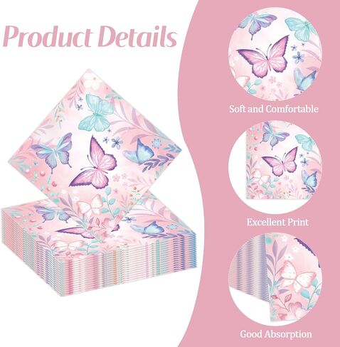 50 PCS Butterfly Fackins 13 × 13 بوصة ، ورقة عيد ميلاد فراشة مناديل الفراشة موضوعات اللوازم الكوكتيل القابلة للتخلص من المناديل الكوكتيل للطفلة زخارف حفلة عيد ميلاد (فراشة) in Kuwait