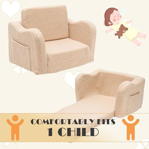 Toddler Baby Chair Couch Sofa Kids Foldable 2-in-1 Sherpa Fold Out Couch Bed Toddler Chairs Comfy for Boys & Girls Convertible Kids Furniture Lounge Chair for Playroom with Double Pockets, Dark Grey in Saudi Arabia