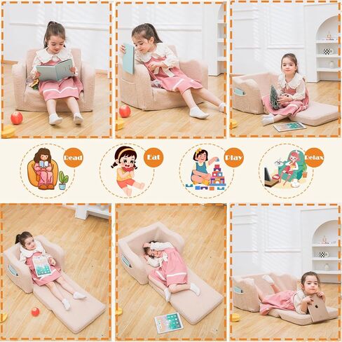 Toddler Baby Chair Couch Sofa Kids Foldable 2-in-1 Sherpa Fold Out Couch Bed Toddler Chairs Comfy for Boys & Girls Convertible Kids Furniture Lounge Chair for Playroom with Double Pockets, Dark Grey in Saudi Arabia