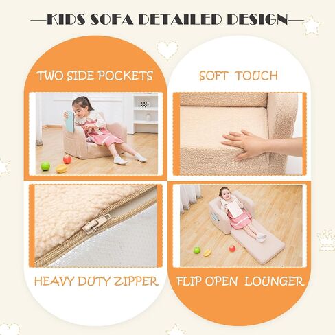 Toddler Baby Chair Couch Sofa Kids Foldable 2-in-1 Sherpa Fold Out Couch Bed Toddler Chairs Comfy for Boys & Girls Convertible Kids Furniture Lounge Chair for Playroom with Double Pockets, Dark Grey in Saudi Arabia