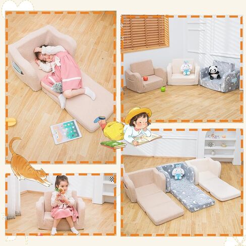 Toddler Baby Chair Couch Sofa Kids Foldable 2-in-1 Sherpa Fold Out Couch Bed Toddler Chairs Comfy for Boys & Girls Convertible Kids Furniture Lounge Chair for Playroom with Double Pockets, Dark Grey in Saudi Arabia