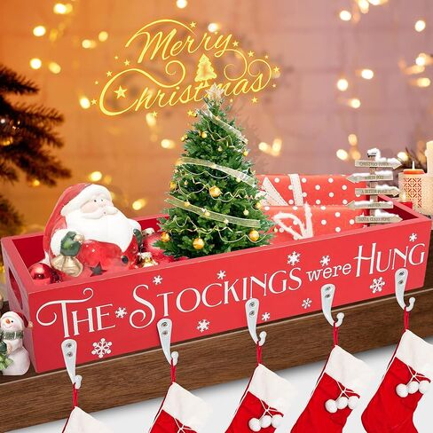 HPC Decor Christmas Stocking Holders, Wooden Box with 5 Hook Stockings Hangers Christmas Decoration for Fireplace Mantel Wood Organizer Storage in Kuwait