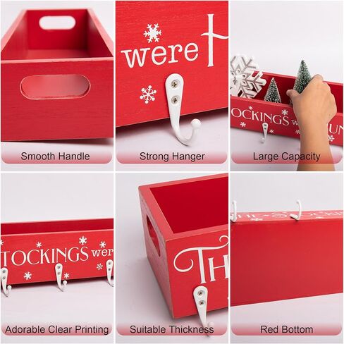 HPC Decor Christmas Stocking Holders, Wooden Box with 5 Hook Stockings Hangers Christmas Decoration for Fireplace Mantel Wood Organizer Storage in Kuwait