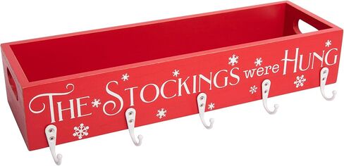 HPC Decor Christmas Stocking Holders, Wooden Box with 5 Hook Stockings Hangers Christmas Decoration for Fireplace Mantel Wood Organizer Storage in Kuwait