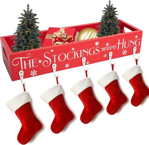 HPC Decor Christmas Stocking Holders, Wooden Box with 5 Hook Stockings Hangers Christmas Decoration for Fireplace Mantel Wood Organizer Storage in Kuwait