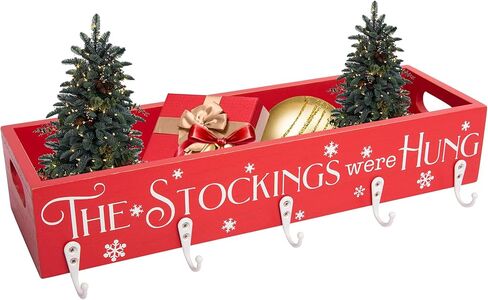 HPC Decor Christmas Stocking Holders, Wooden Box with 5 Hook Stockings Hangers Christmas Decoration for Fireplace Mantel Wood Organizer Storage in Kuwait
