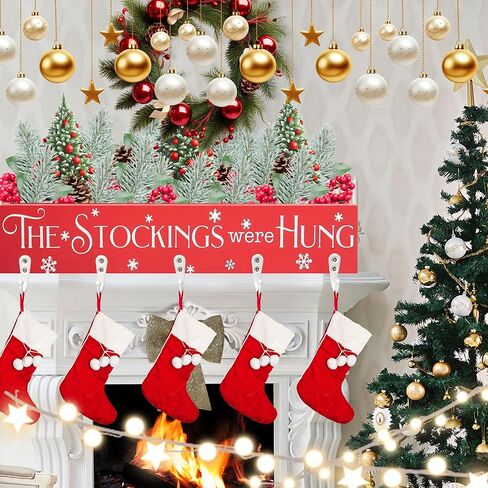 HPC Decor Christmas Stocking Holders, Wooden Box with 5 Hook Stockings Hangers Christmas Decoration for Fireplace Mantel Wood Organizer Storage in Kuwait