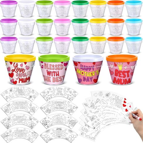 Meanplan 24 Pcs Mother's Day DIY Flower Pots for Kids, Color Your Own Mom Artist Flowerpots Bulk Mothers Day Garden Pot Crafts Kit for Mom Mother's Day Gifts Fun Home School Classroom Activities in Kuwait