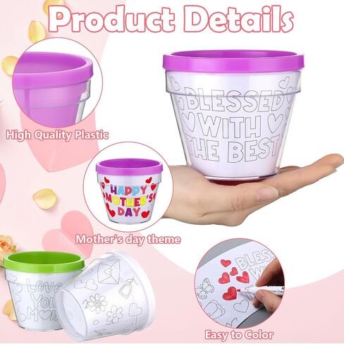 Meanplan 24 Pcs Mother's Day DIY Flower Pots for Kids, Color Your Own Mom Artist Flowerpots Bulk Mothers Day Garden Pot Crafts Kit for Mom Mother's Day Gifts Fun Home School Classroom Activities in Kuwait