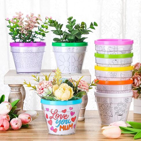 Meanplan 24 Pcs Mother's Day DIY Flower Pots for Kids, Color Your Own Mom Artist Flowerpots Bulk Mothers Day Garden Pot Crafts Kit for Mom Mother's Day Gifts Fun Home School Classroom Activities in Kuwait