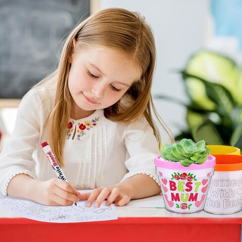 Meanplan 24 Pcs Mother's Day DIY Flower Pots for Kids, Color Your Own Mom Artist Flowerpots Bulk Mothers Day Garden Pot Crafts Kit for Mom Mother's Day Gifts Fun Home School Classroom Activities in Kuwait