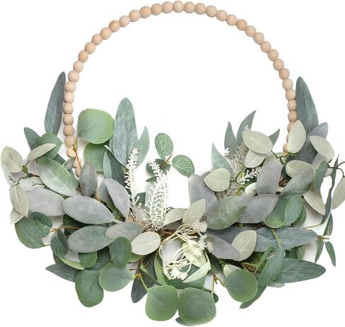 TEMPUS 2Pcs 16" Artificial Eucalyptus Wreaths - Handmade Wooden Bead & Lamb's Ear Spring Wreaths for Front Door, Farmhouse Wall Decor, Holiday Party in Kuwait