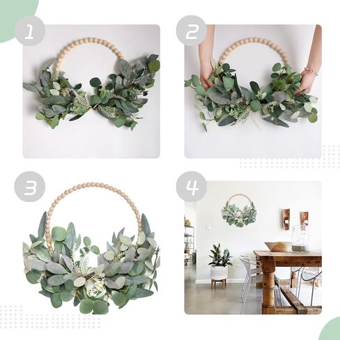 TEMPUS 2Pcs 16" Artificial Eucalyptus Wreaths - Handmade Wooden Bead & Lamb's Ear Spring Wreaths for Front Door, Farmhouse Wall Decor, Holiday Party in Kuwait