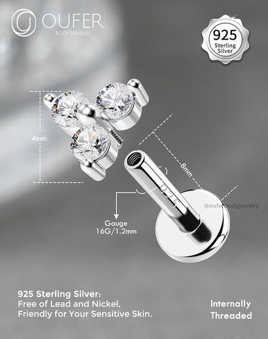 OUFER 925 Sterling Silver Cartilage Helix Earring Studs, 16G Silver Flat Back Earrings, Clear CZ Lip Labret Rings, Monroe Medusa Piercing jewelry for Women and Men-8mm in Saudi Arabia