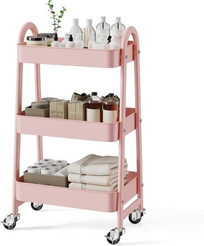 3 Tier Rolling Cart - Metal Utility Carts on Lockable Caster Wheels, Mobile Storage Shelves Organizer for Livingroom, Bathroom, Kitchen, Bedroom & Narrow Places, White in Saudi Arabia