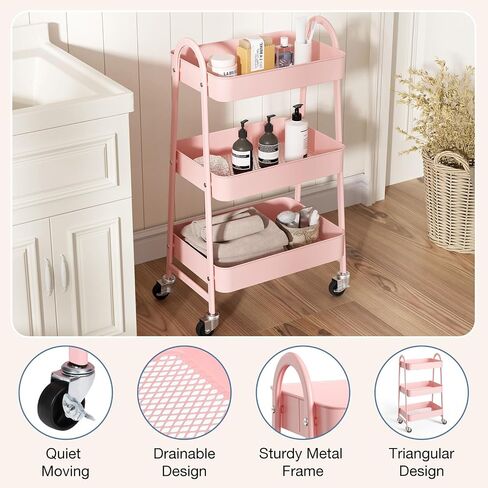 3 Tier Rolling Cart - Metal Utility Carts on Lockable Caster Wheels, Mobile Storage Shelves Organizer for Livingroom, Bathroom, Kitchen, Bedroom & Narrow Places, White in Saudi Arabia