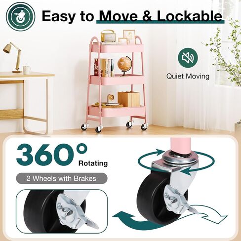 3 Tier Rolling Cart - Metal Utility Carts on Lockable Caster Wheels, Mobile Storage Shelves Organizer for Livingroom, Bathroom, Kitchen, Bedroom & Narrow Places, White in Saudi Arabia