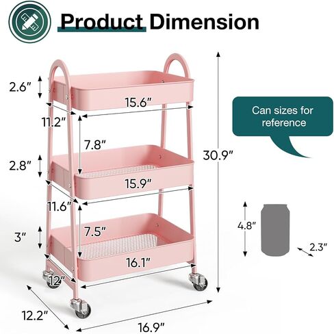 3 Tier Rolling Cart - Metal Utility Carts on Lockable Caster Wheels, Mobile Storage Shelves Organizer for Livingroom, Bathroom, Kitchen, Bedroom & Narrow Places, White in Saudi Arabia