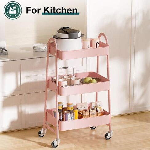 3 Tier Rolling Cart - Metal Utility Carts on Lockable Caster Wheels, Mobile Storage Shelves Organizer for Livingroom, Bathroom, Kitchen, Bedroom & Narrow Places, White in Saudi Arabia