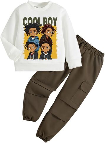 Toddler Boy Clothes Outfits - Cartoon Graphic Print Round Neck Sweatshirt and Cargo Pants - Boys Clothing Set in Saudi Arabia