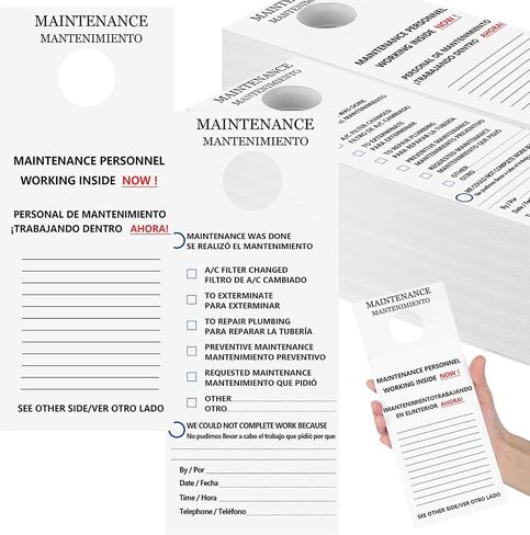 100 Pcs Maintenance Door Hanger Tags Bilingual Preventative Rentals Apartments for Door English and Spanish Bilingual Maintenance Tags for Property Management Rentals Apartments in Saudi Arabia