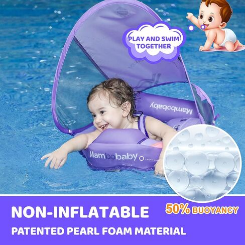Mambobaby Baby Pool Float with Canopy & Tail Non-Inflatable Solid Baby Swim Float for Infants Toddlers 3-24 Months Upgrade Soft Waterproof Skin-Friendly Material Infant Swimming Float in Kuwait