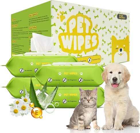 Unscented Hypoallergenic Pet Wipes - Deodorizing Cleaning Wipes for Dogs & Cats, Alcohol-Free & pH Balanced, Thick & Large Wipes for Paws, Body, Bum & Face, (320 Count, More favorable) in Saudi Arabia