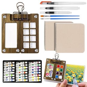Pocket Watercolor Set, Travel Paint Set, Mini Watercolor Palette with Paint, Brush, Sketchbook & Copper Clip, Travel Sketchbook Kit for Artists, Beginners & Painting Enthusiasts