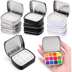 9 Pcs Mini Watercolor Tin Box, 12-Well Portable Paint Palette with Lid, Empty Metal Watercolor Storage Case, Paint Container for Artist Travel Indoor & Outdoor Sketching DIY Craft, 3 Color