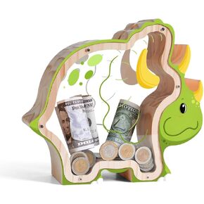 Wooden Dinosaur Piggy Bank for Kids Boys Money Coin Bank, Unbreakable Piggy Bank DIY Personalized Kids Safe Bank Money Box with Stickers Birthday Baptism Gifts for Boys Toddler Adults