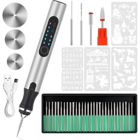 Electric Engraving Pen with 37 Bits, USB Rechargeable Cordless Etching Engraving Tool, Portable DIY Rotary Engraver for Jewelry Wood Glass Stone Carving (Silver)