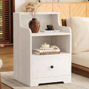LIKIMIO Nightstand with Drawer and Open Shelf, Bedside Table with Hutch, Modern End Table with Storage for Bedroom, White