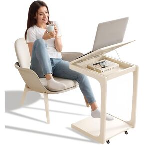 Wooden C-Shaped End Table,Couch Table with Adjustable Desktop,Small Rolling Side Table with 2 Lockable Wheels,Small End Table for Couch, Living Room,Bedroom (White)