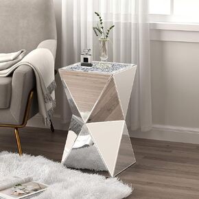ENENE Mirrored End Table Crystal Diamond Setting Coffee Table Silver Glass Side Table Pedestal Stand for Hallway, Living Room, Corner, Bedroom, Sofa