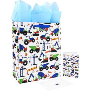 13" Large Construction Vehicle Gift Bag Set with Greeting Card and Tissue Paper (Yellow Car Design) for boys, Construction Kids Birthday Party, Baby boy, Baby Shower, Truck, Newborn -10.2"x5.2"x13", 1 Pcs