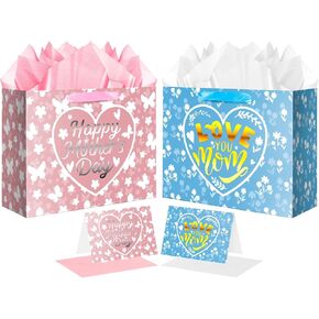 JWSCYSY 2PCS 12.6" Large Mother's Day Gift Bags with Tissue Papers and Greeting Cards (Pink Silver, Blue Gold)