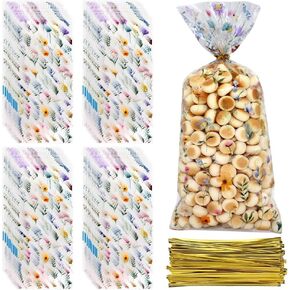 FCKLVMC 150 PCS Flower Cellophane Wring Facs ، أكياس زهرية واضحة مع روابط تويست الذهب
