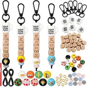 10 Sets Initial a to Z Teacher Appreciation Keychain Gift Beadable Key Chain Making Kit DIY Beaded Keychain Bar Personalized Crafts Gift for Teachers