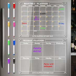 WORKLION Acrylic Magnetic Calendar for Fridge - Clear Fridge Calendar with 8 Markers Acrylic Magnetic Dry Erase Board for Refrigerator Clear Refrigerator Board for Monthly Planning,15"x11"