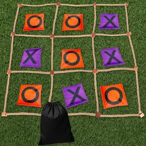 Gamie Giant TIC TAC Toe Game Outdoor - 3 × 3 أقدام - تشمل شبكة حبل ، و 10 قطع لعب الفول ، وحقيبة حمل رسومات واحدة - ألعاب كبيرة - لعبة في الهواء الطلق للفناء ، والنزهة ، والتخييم