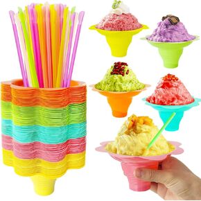 200pcs 4 أوقية كوب مخروط ثلوج زهرة ملونة مع قش ملعقة ، وأكواب ثلجية بلاستيكية ، ووجبة صغيرة قابلة لإعادة الاستخدام للآيس كريم أوعية صغيرة للأطفال ، وعطلة ، وحفل عيد ميلاد ، وطبخ الصيف
