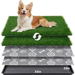 LOOBANI Dog Grass Pad with Tray - 35x23in Dog Litter Box with 2 Artificial Grass Patch + 2 Washable Pee Pads - Quickly Absorbency Indoor Outdoor Potty for Patio Balcony Apartment Use