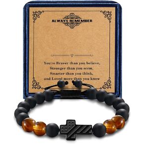 Christian Faith Bracelet for Men Teen Boys - Handmade Adjustable Beaded Cross Bracelet with Lucky Tiger Eye Stone - Easter Baptism Religious Jewelry Gift